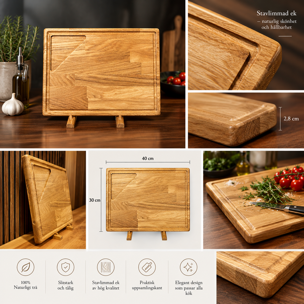 Skärbräda & serveringsbräda i stavlimmad ek – 40 × 30 cm