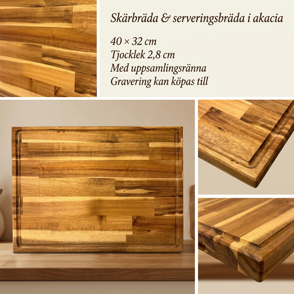 Skärbräda i akacia med spår, 40 × 32 × 2,8 cm