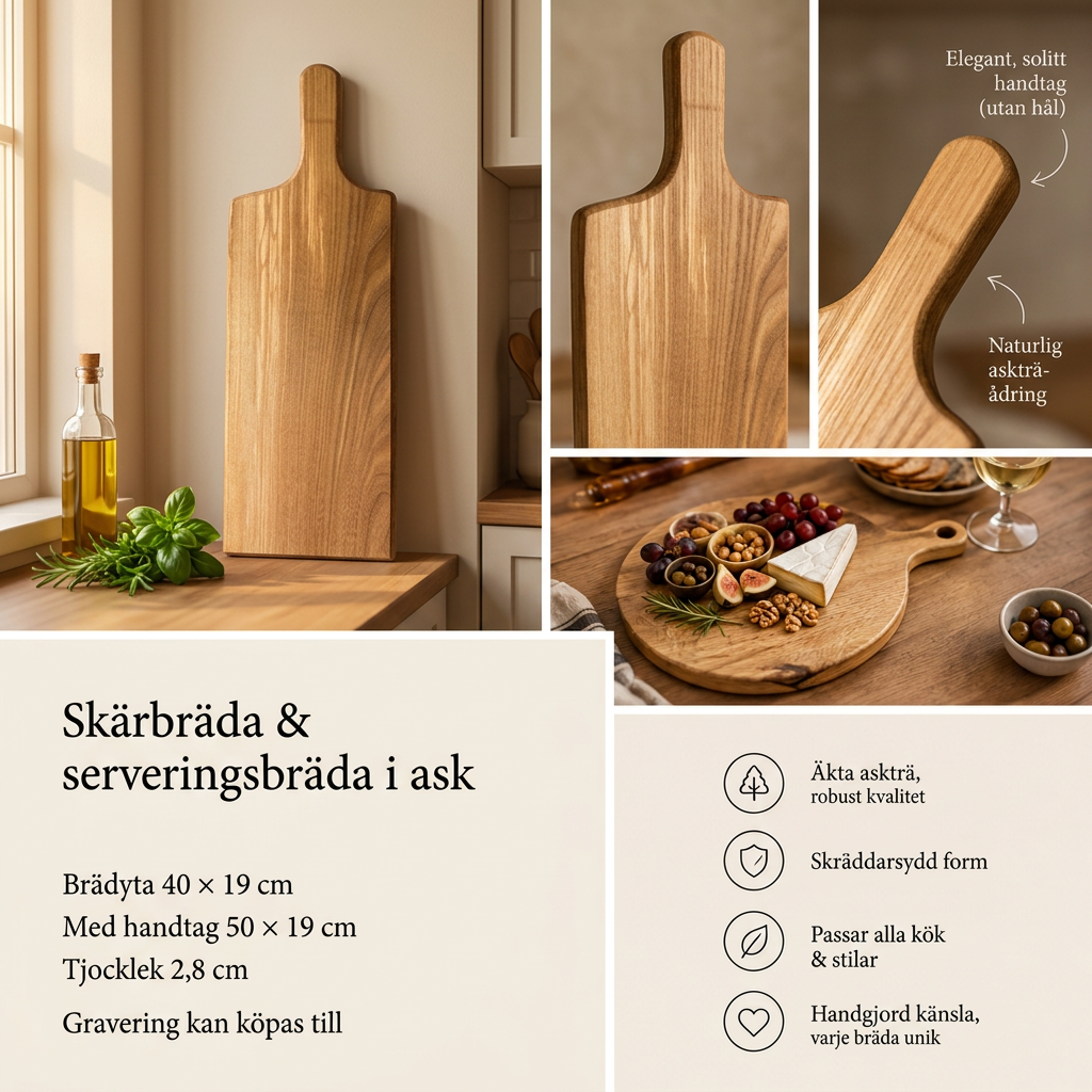 Skärbräda och serveringsbräda i ask med mått